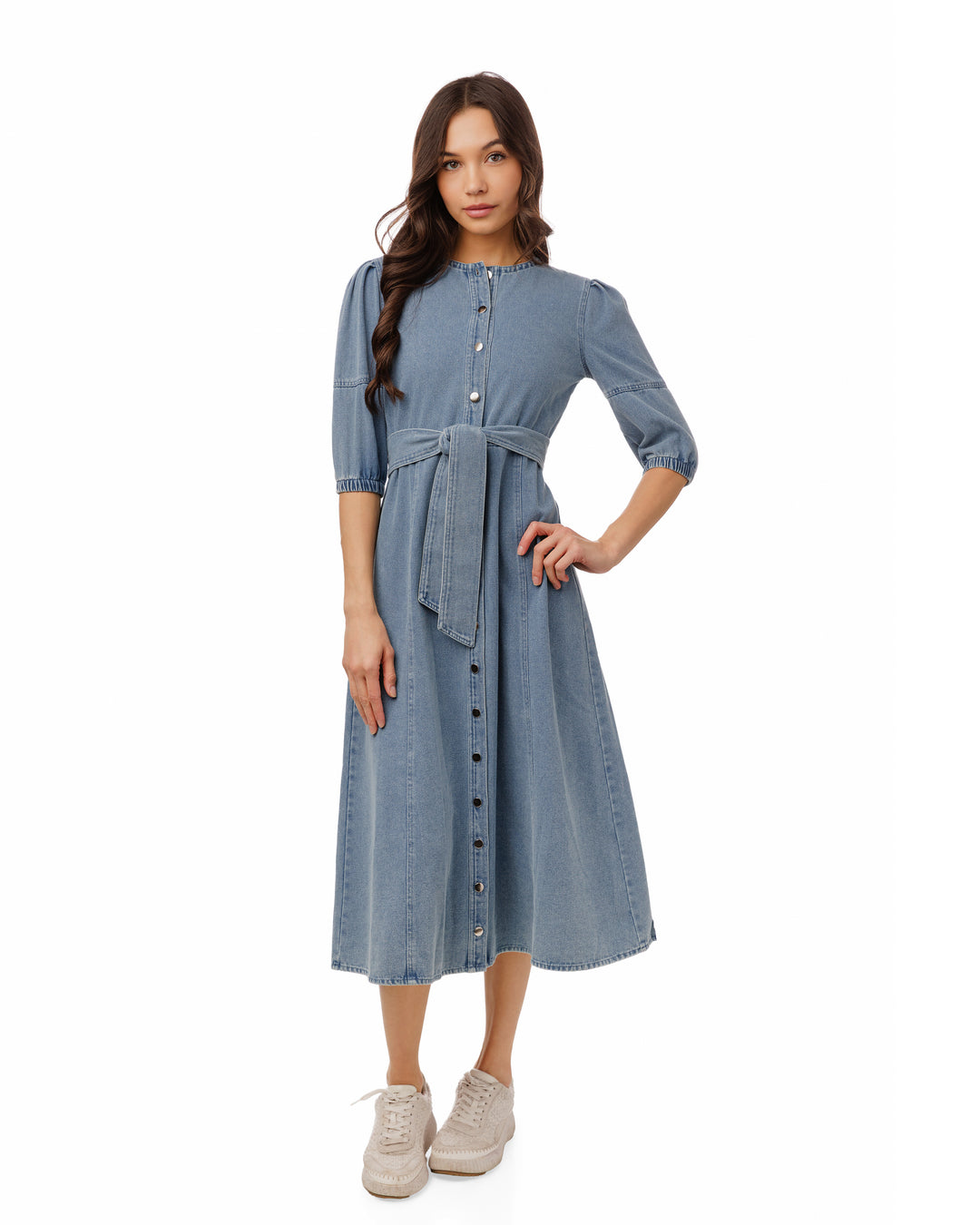 denim dress 3 4 sleeve Denim Square Neck 3/4 Sleeve Front Bow Detail Dress