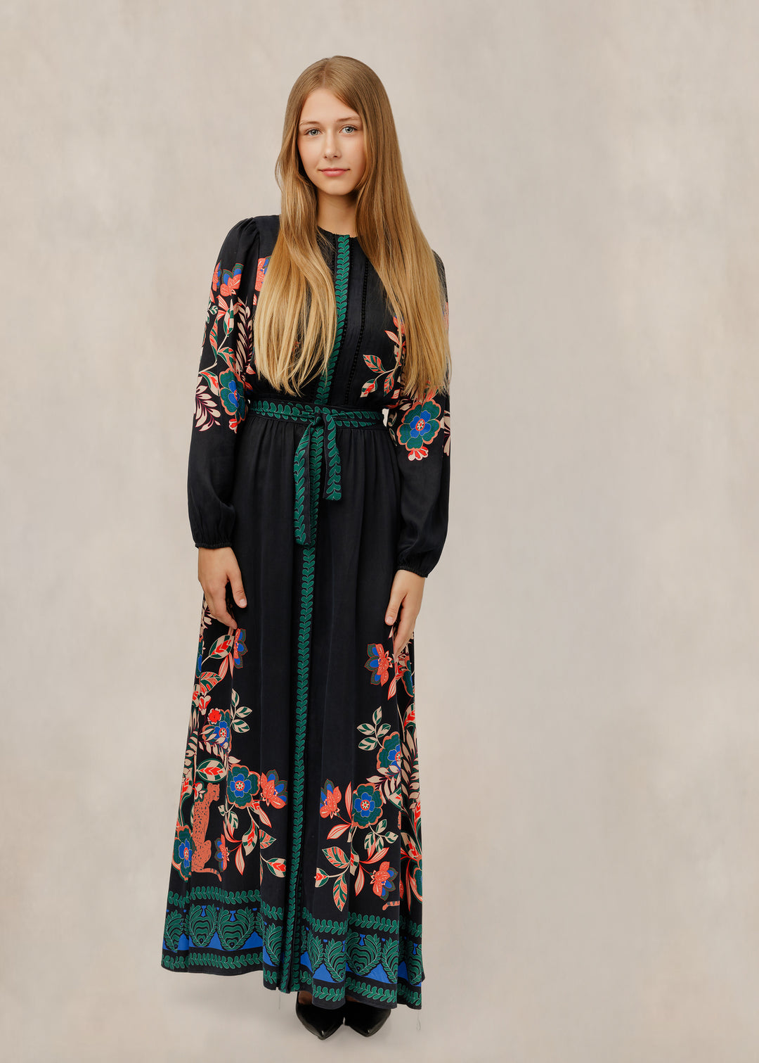 TW61032D-A Black Floral Belted Dress W/ Green Trim