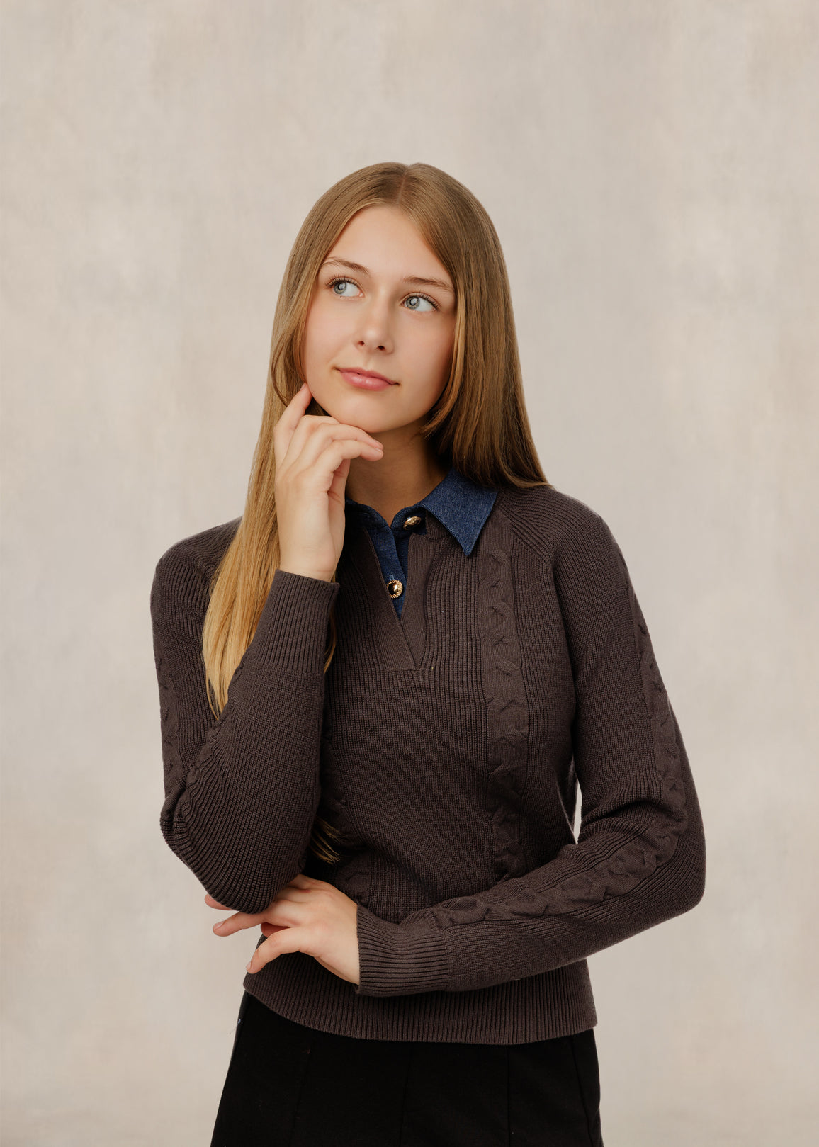 TW61034T-A Cable Knit Denim Collar Sweater - Brown – whoopikids