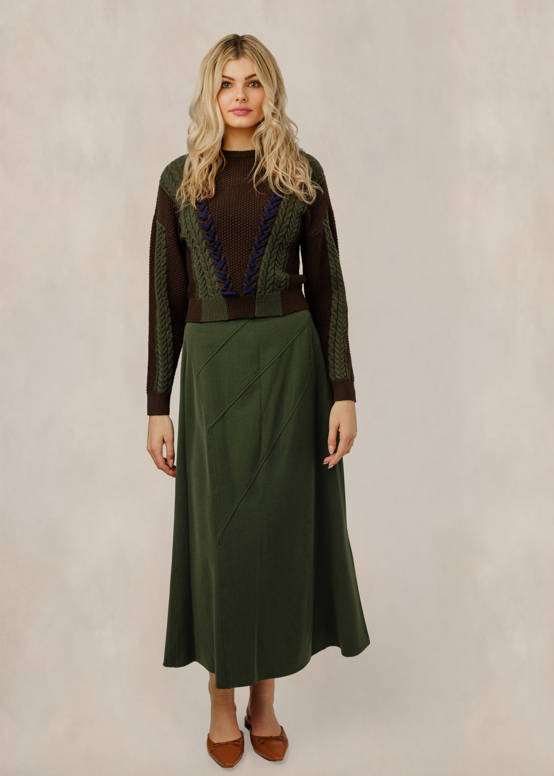 TW61045T-A Brown/Olive Cable Knit Lace-Up Sweater