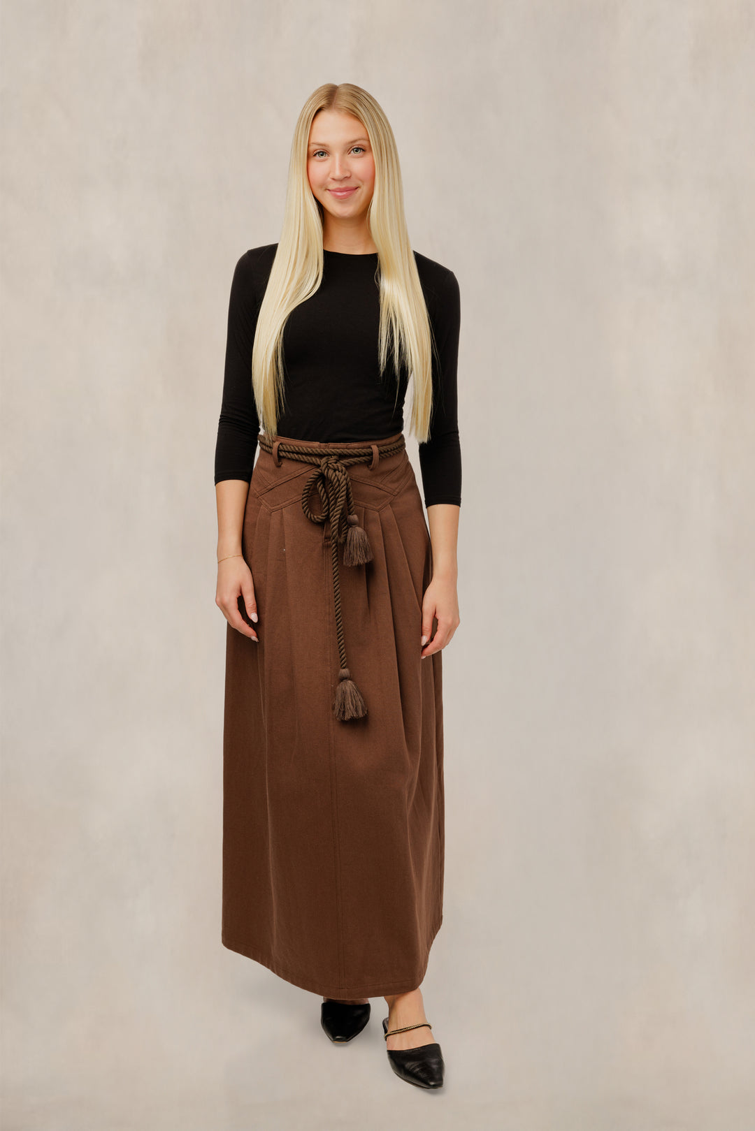 TW61087S-A Brown High Waist Pleated Skirt W/ Rope Belt