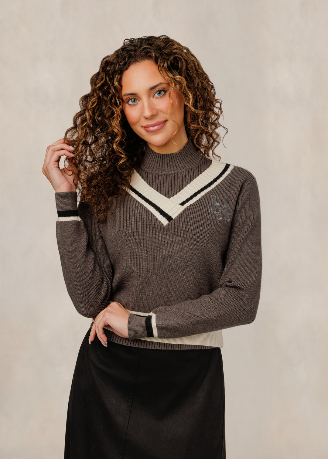 TW61189T-A Sweater W/ Layered Mock Neck/Contrast V-Neck Stripe - Taupe