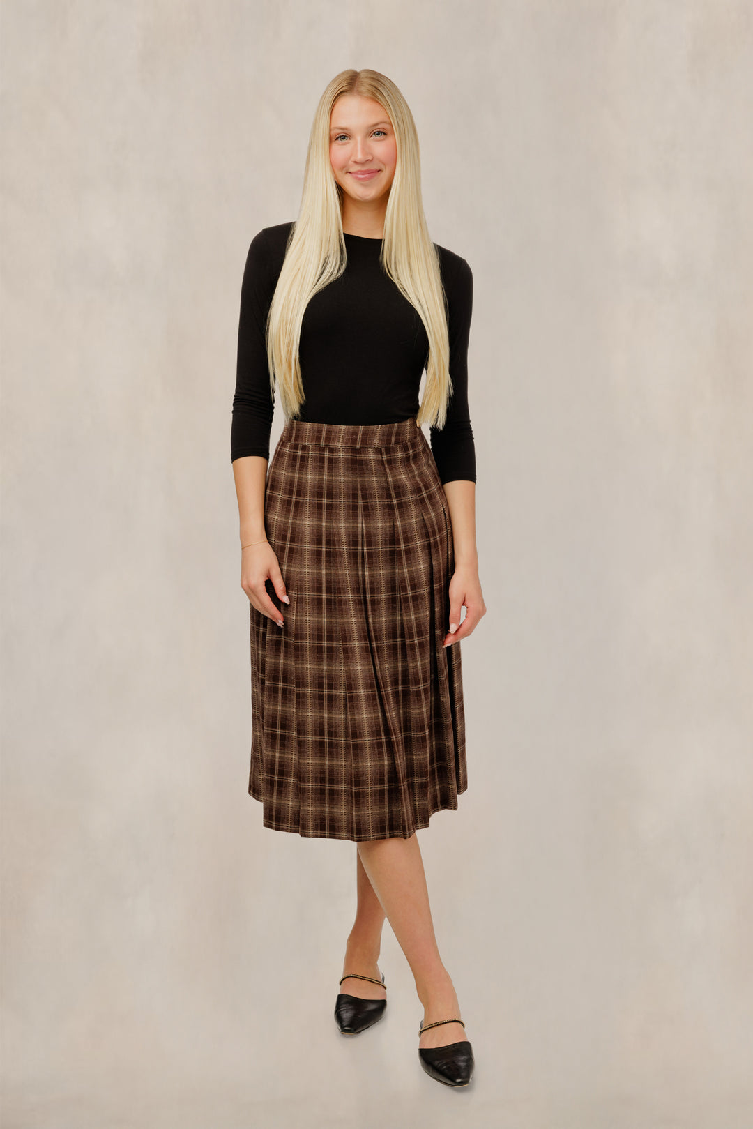 TW61208S-B Plaid Midi Skirt - Brown