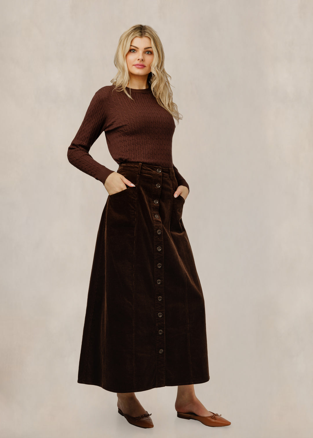 TW61362S-A Corduroy Button Down A-Line Skirt - Brown