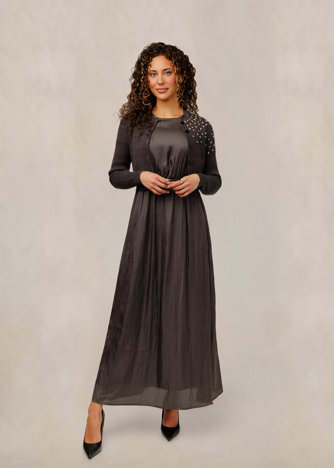 TW61349D-A Satin Dress W/ Studded Overlay - Charcoal