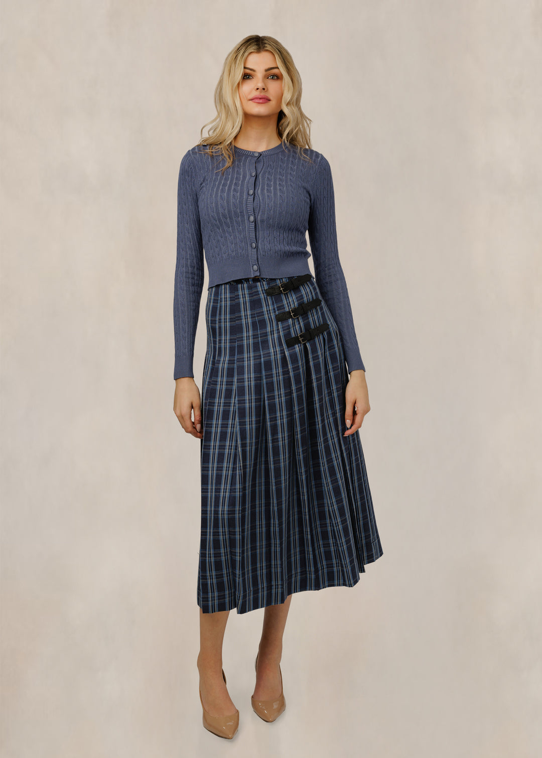 TW61052S-A Blue Plaid Pleated Buckle Detail Skirt