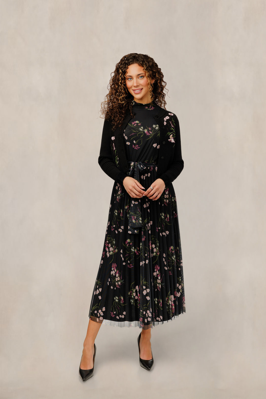 WW61111D-A Floral Mock Neck Mesh Dress W/ Embroidered Cardigan