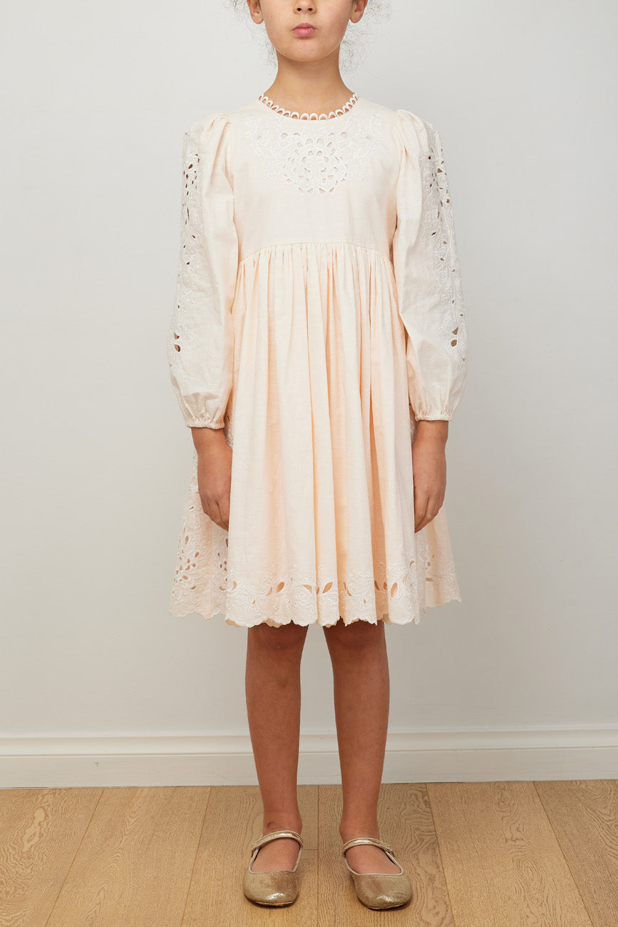 1118-CAMILLA EMBROIDERED LINEN DRESS-PEACH/WHITE
