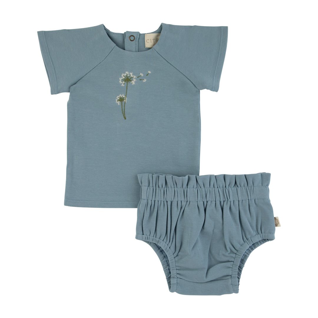 Dandelion Embroidery Top and Bottom Dusty Blue