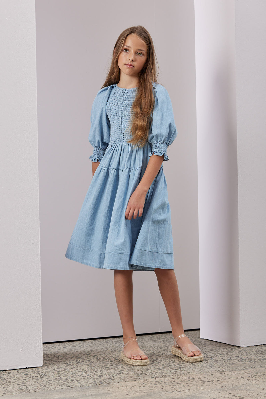 8057-Shirred Dress-Chambray