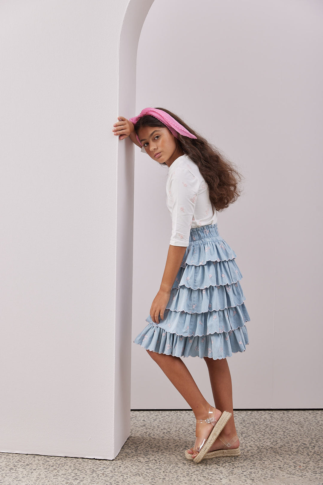 8052-Skirt with NEW Embroidery Design Chambray -Chambray Pink
